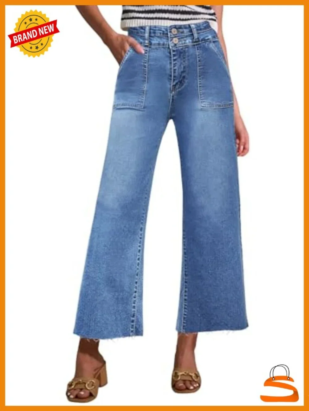 Womens High Rise Two Button Closure Cropped Wide Leg Jeans with Slip Pockets